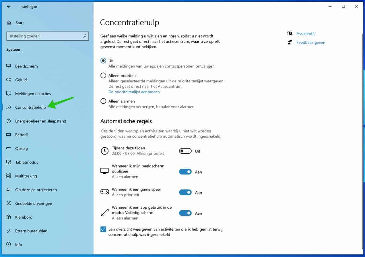 concentratiehulp instellingen windows 10