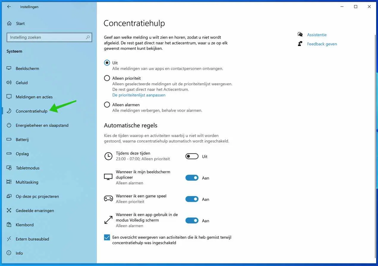 concentratiehulp instellingen windows 10