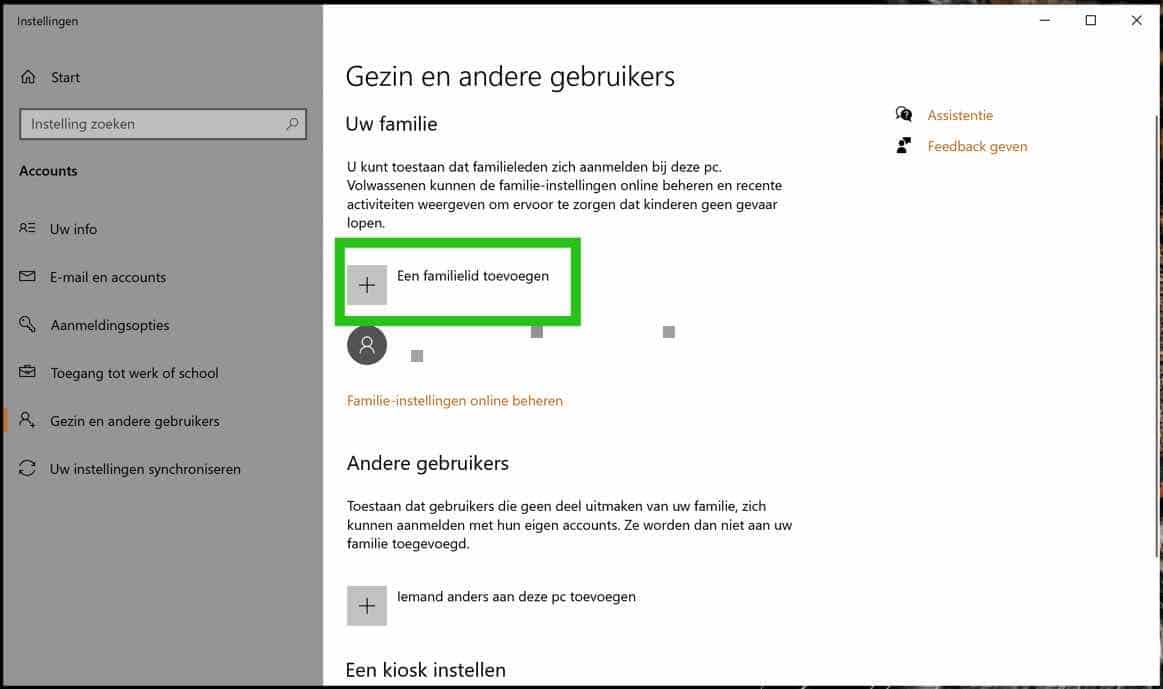 familielid toevoegen windows10