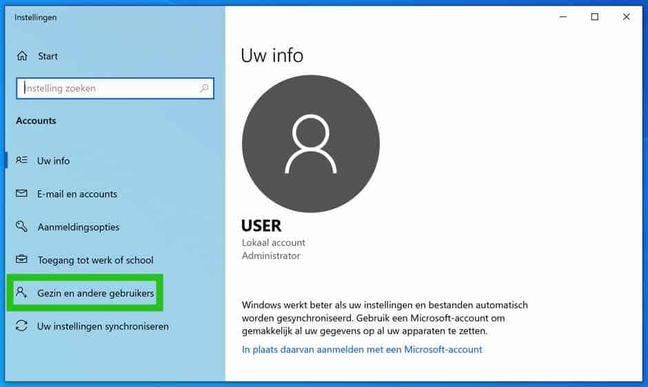 gezin instellingen windows 10