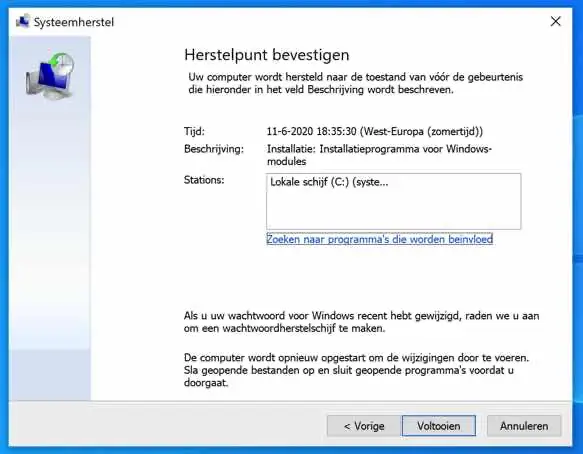 herstelpunt bevestigen