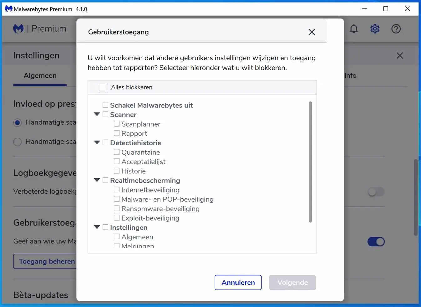 malwarebytes gebruikerstoegang