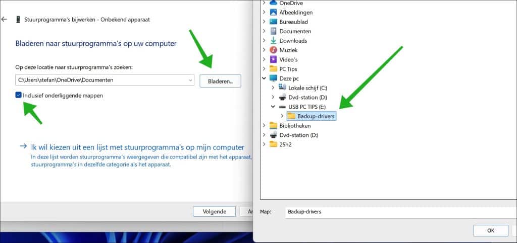 map met backup selecteren