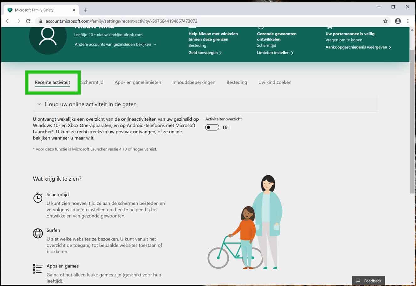 online activiteit instellingen kind account