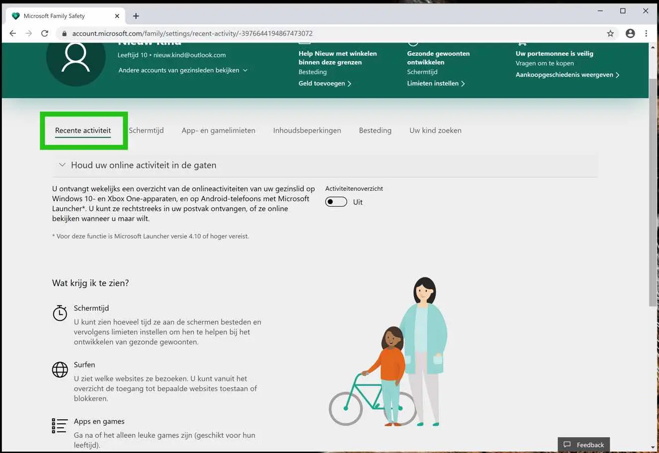 online activiteit instellingen kind account