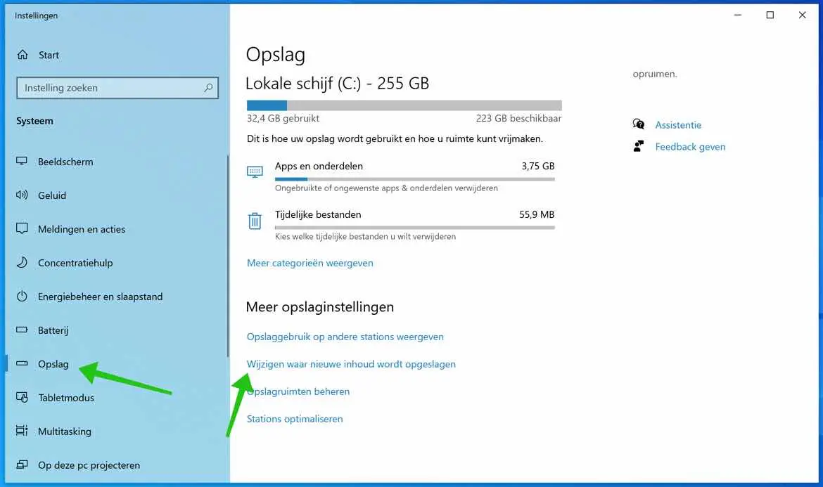 opslag instellingen windows 10