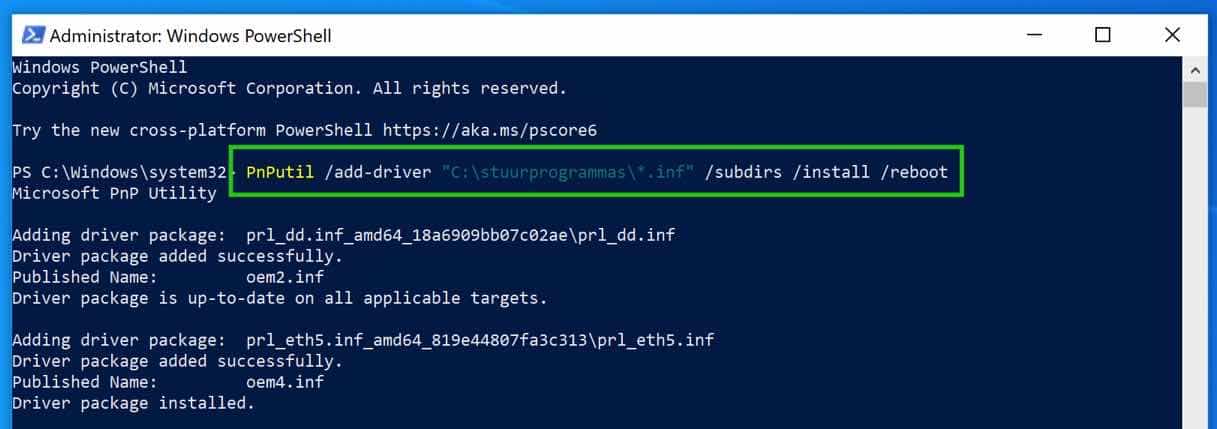 pnputil drivers installeren