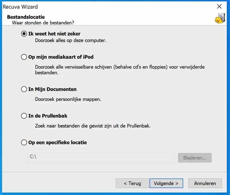 recuva bestandslocatie