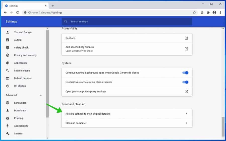 how to reset google chrome settings to default