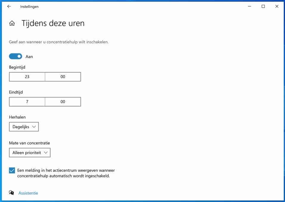 tijden aanpassen concentratie hulp windows 10