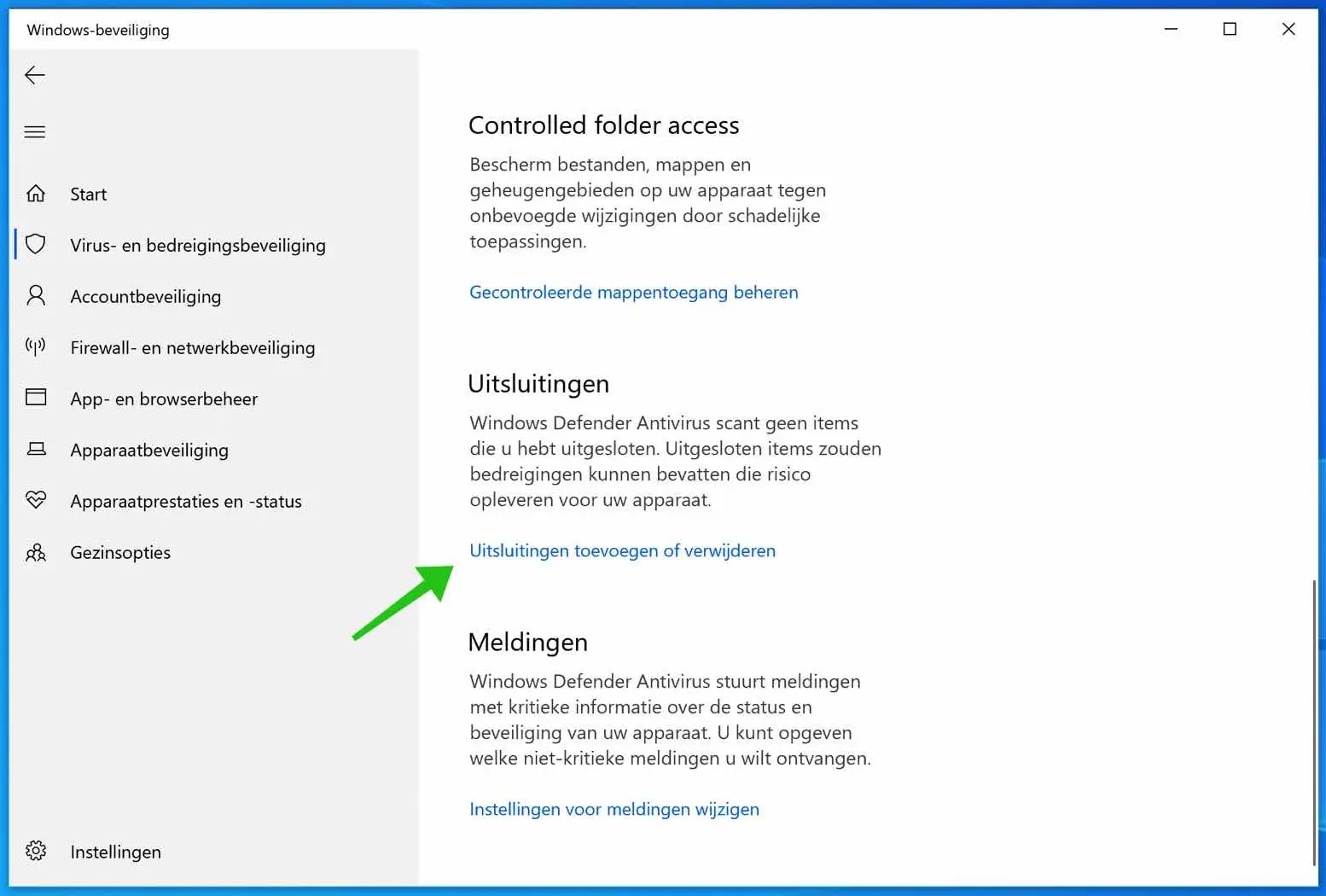 windows defender uitsluitingen toevoegen of verwijderen