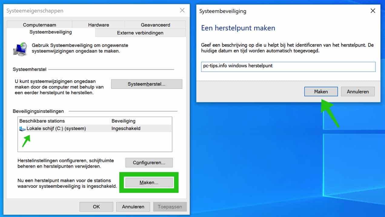 windows herstel punt aanmaken