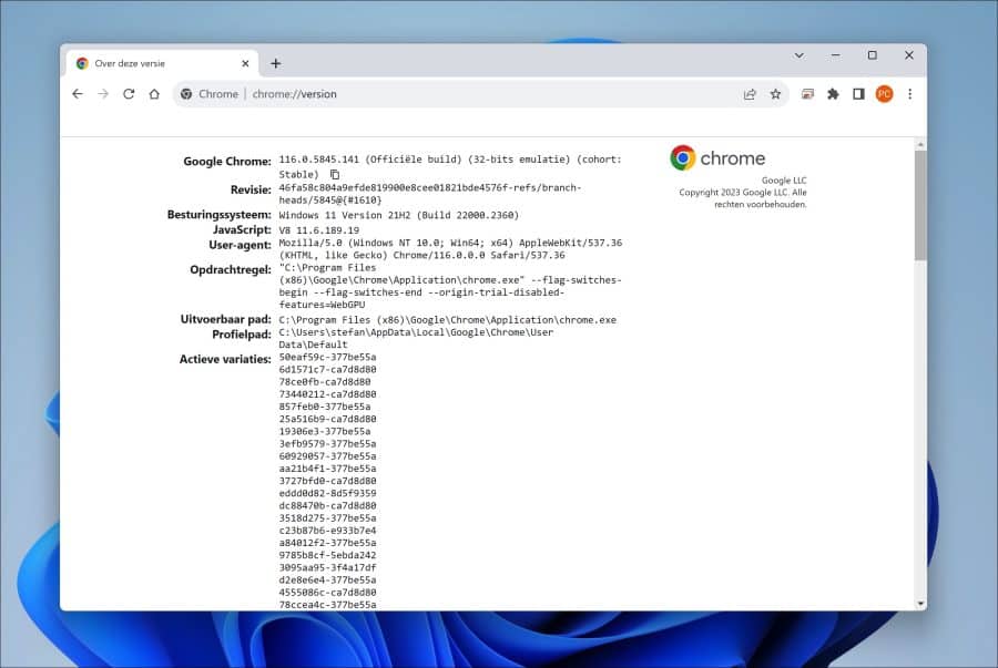 Chrome versie informatie