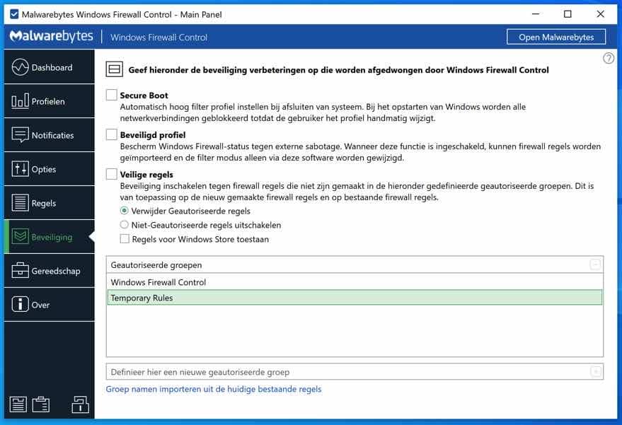 Seguridad de control de firewall de Windows Malwarebytes