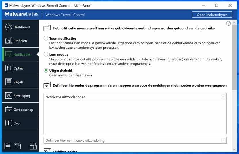 Configurar notificaciones de Malwarebytes Windows Firewall Control