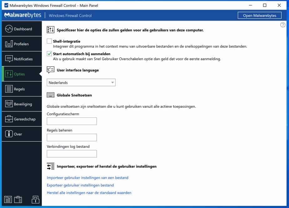 Options de contrôle du pare-feu Windows Malwarebytes