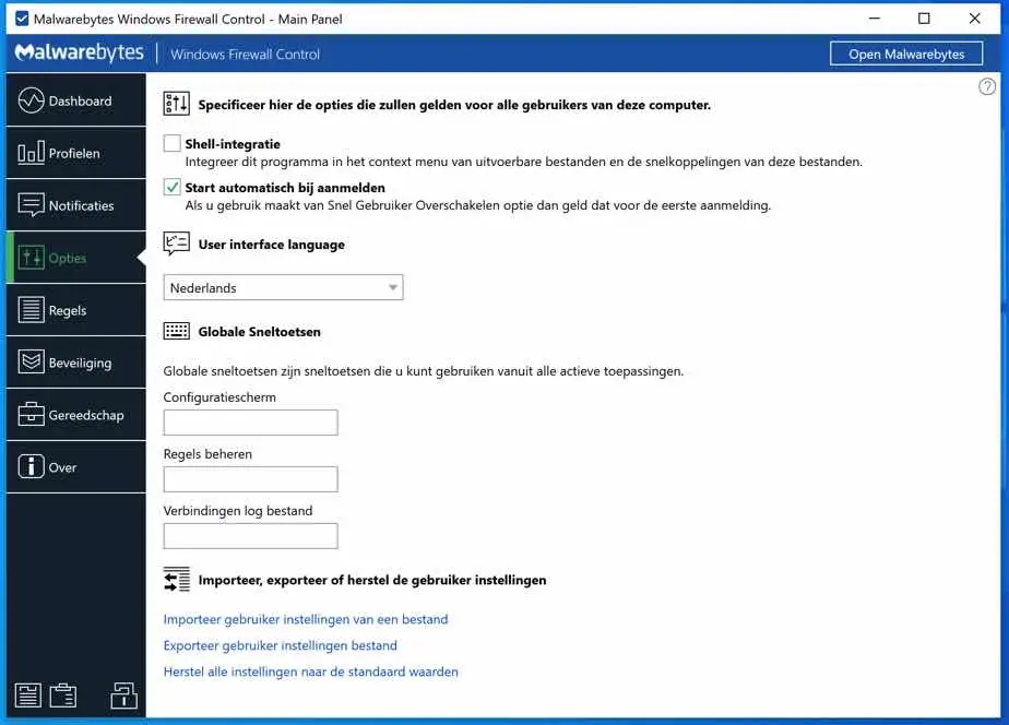 Malwarebytes Windows Firewall Control opties