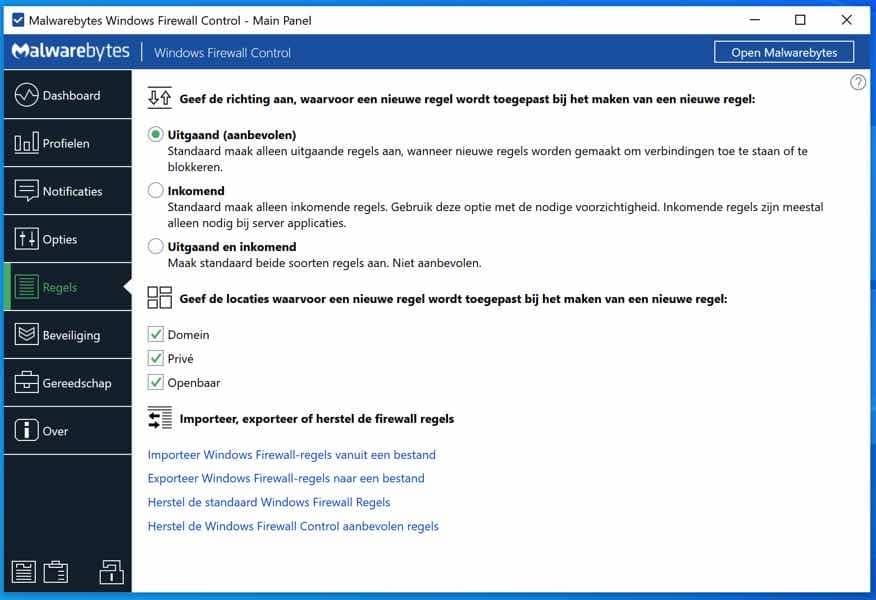 Malwarebytes Windows Firewall Control regels