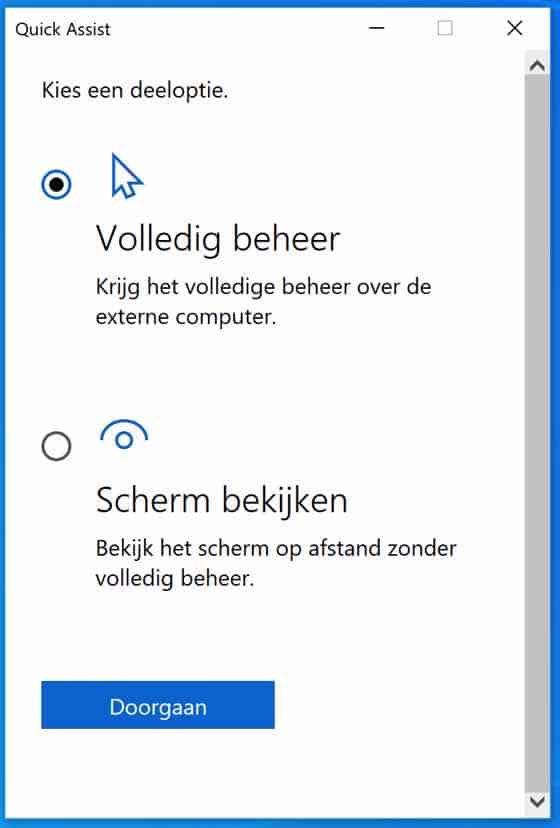 Quick Assist volledig beheer of scherm bekijken