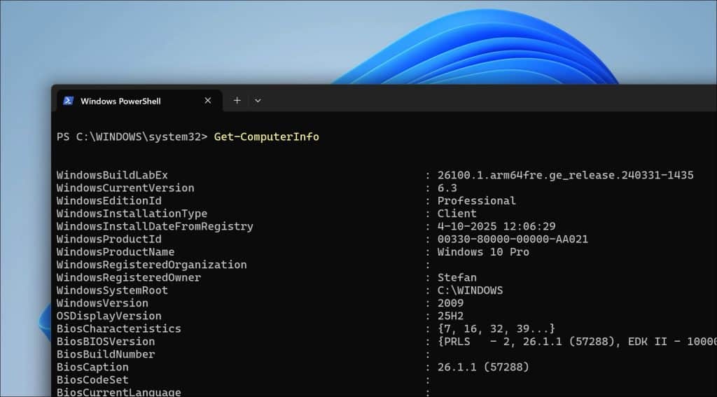  Windows versie informatie via PowerShell