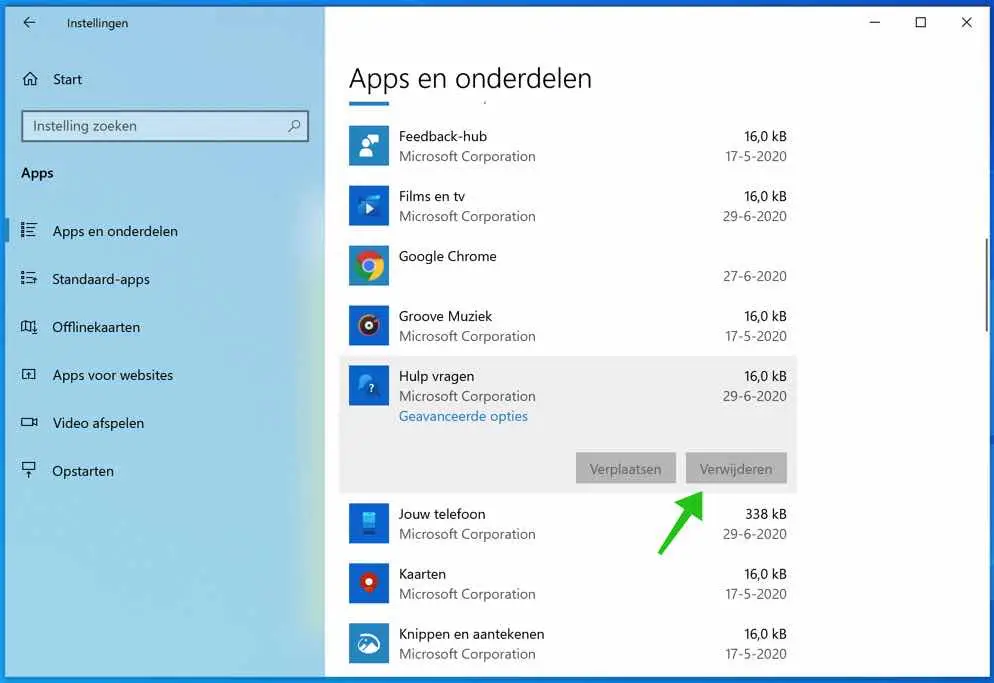 apps en onderdelen windows 10