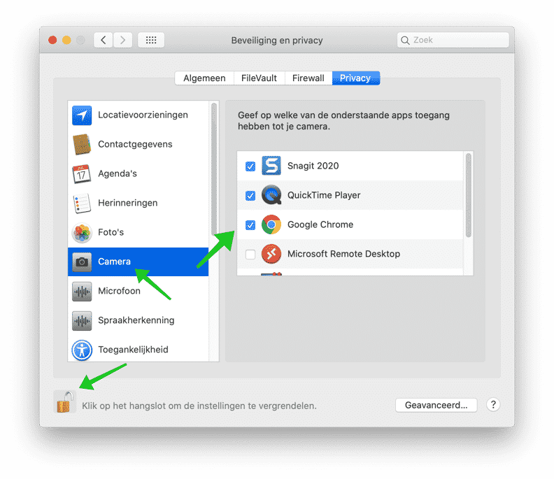 camera permissies mac