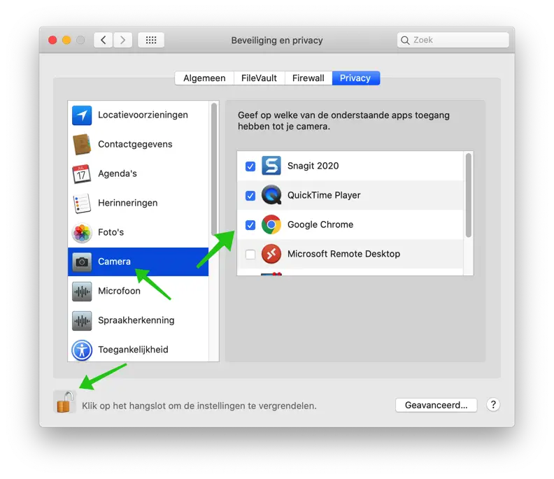 camera permissies mac