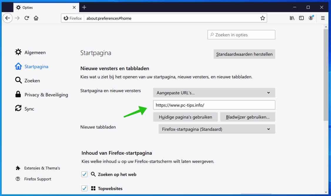 firefox startpagina wijzigen