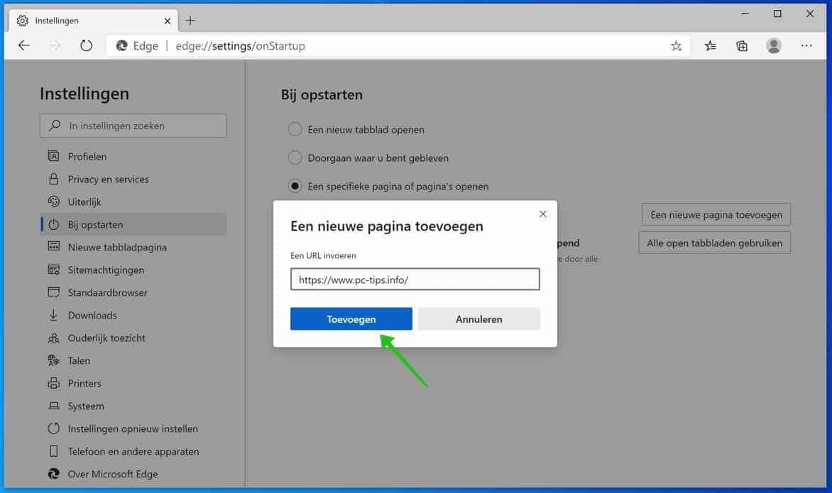 homepage wijzigen in microsoft edge