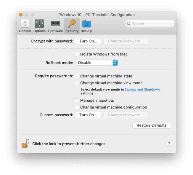 adjust parallels desktop security settings