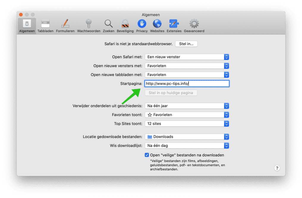 startpagina instellen safari mac