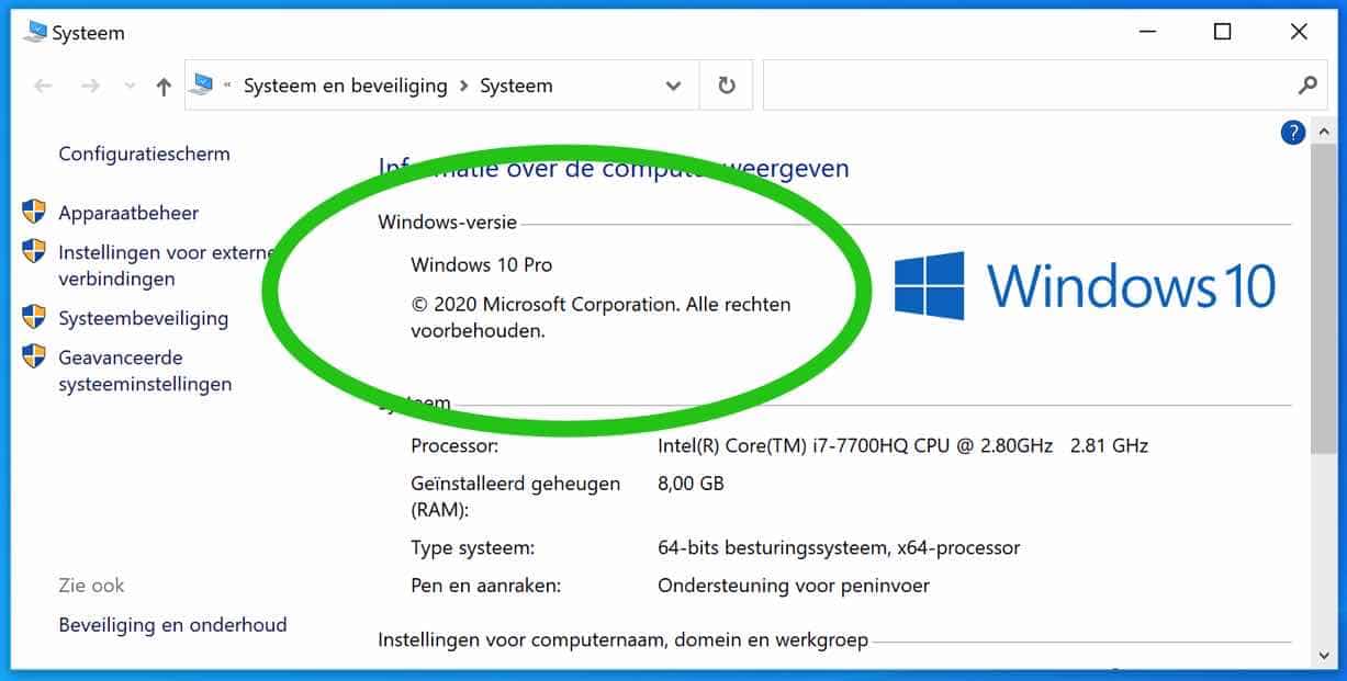 versie informatie windows 10