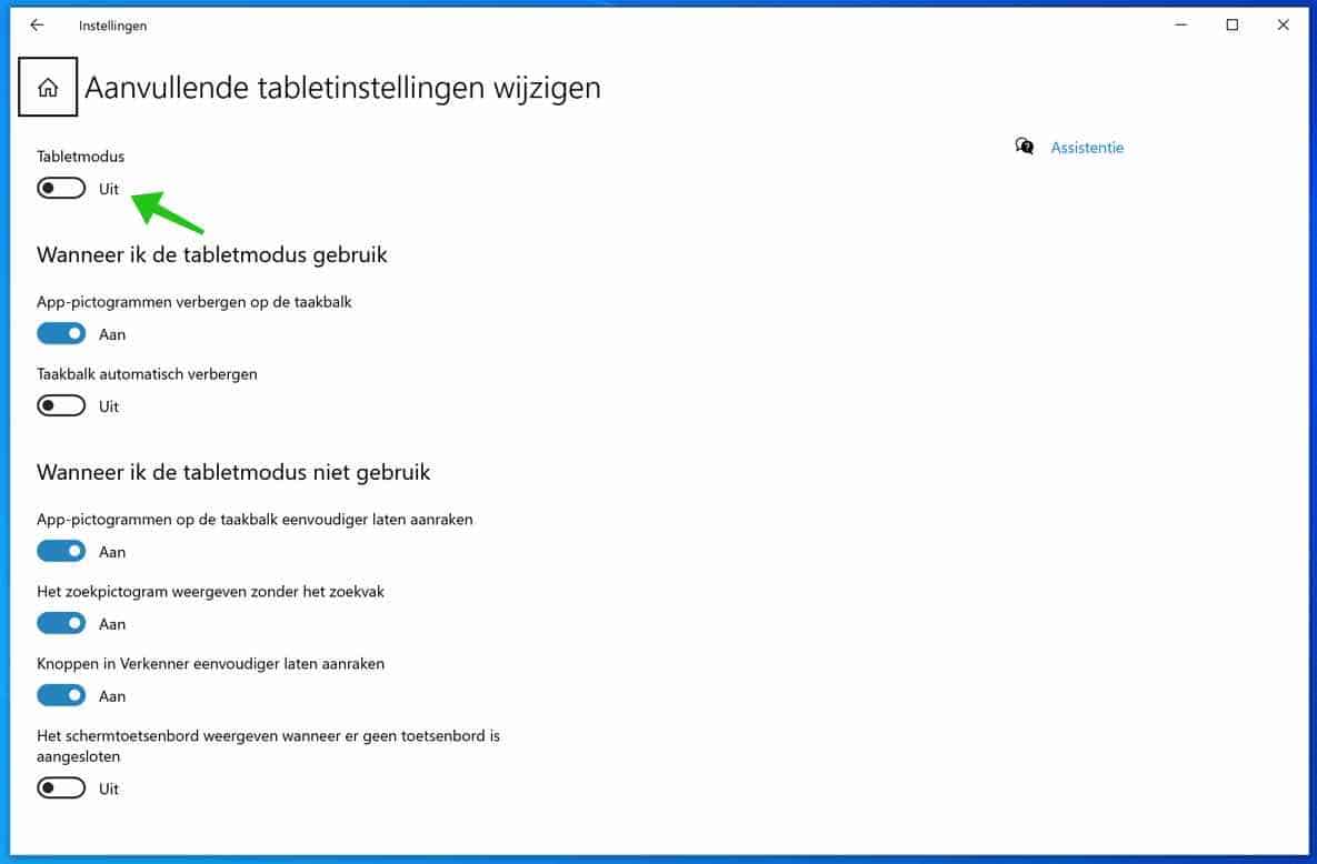 alteração nas configurações adicionais do tablet do Windows 10