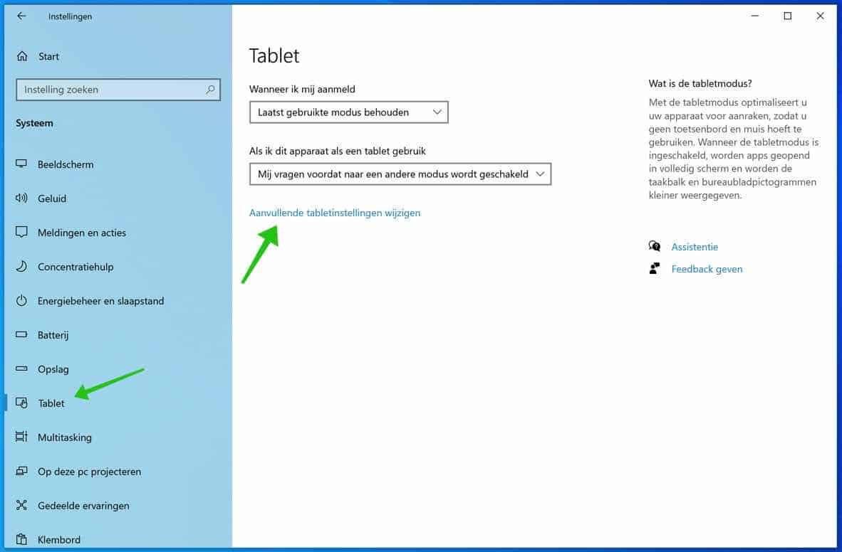 paramètres de la tablette Windows 10