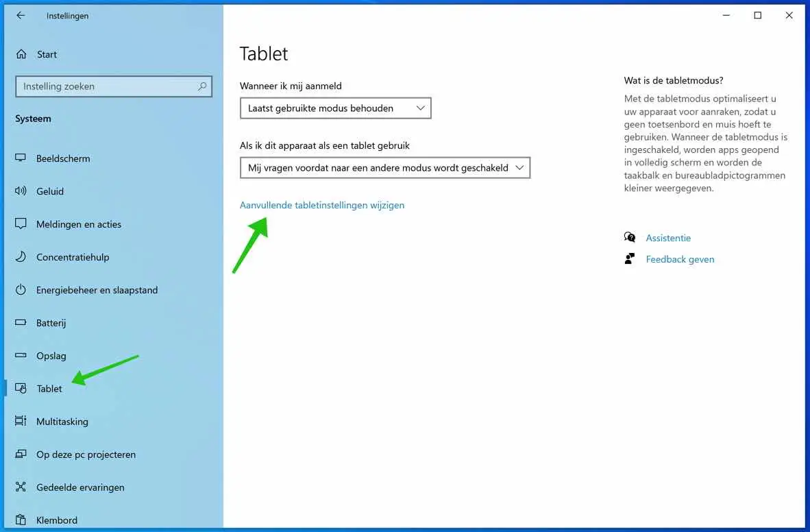 windows 10 tablet instellingen