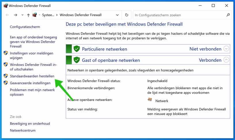 restaurar los valores predeterminados del firewall de Windows Defender