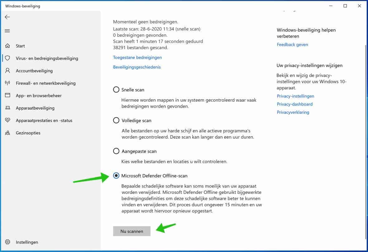 analyse hors ligne de Windows Defender