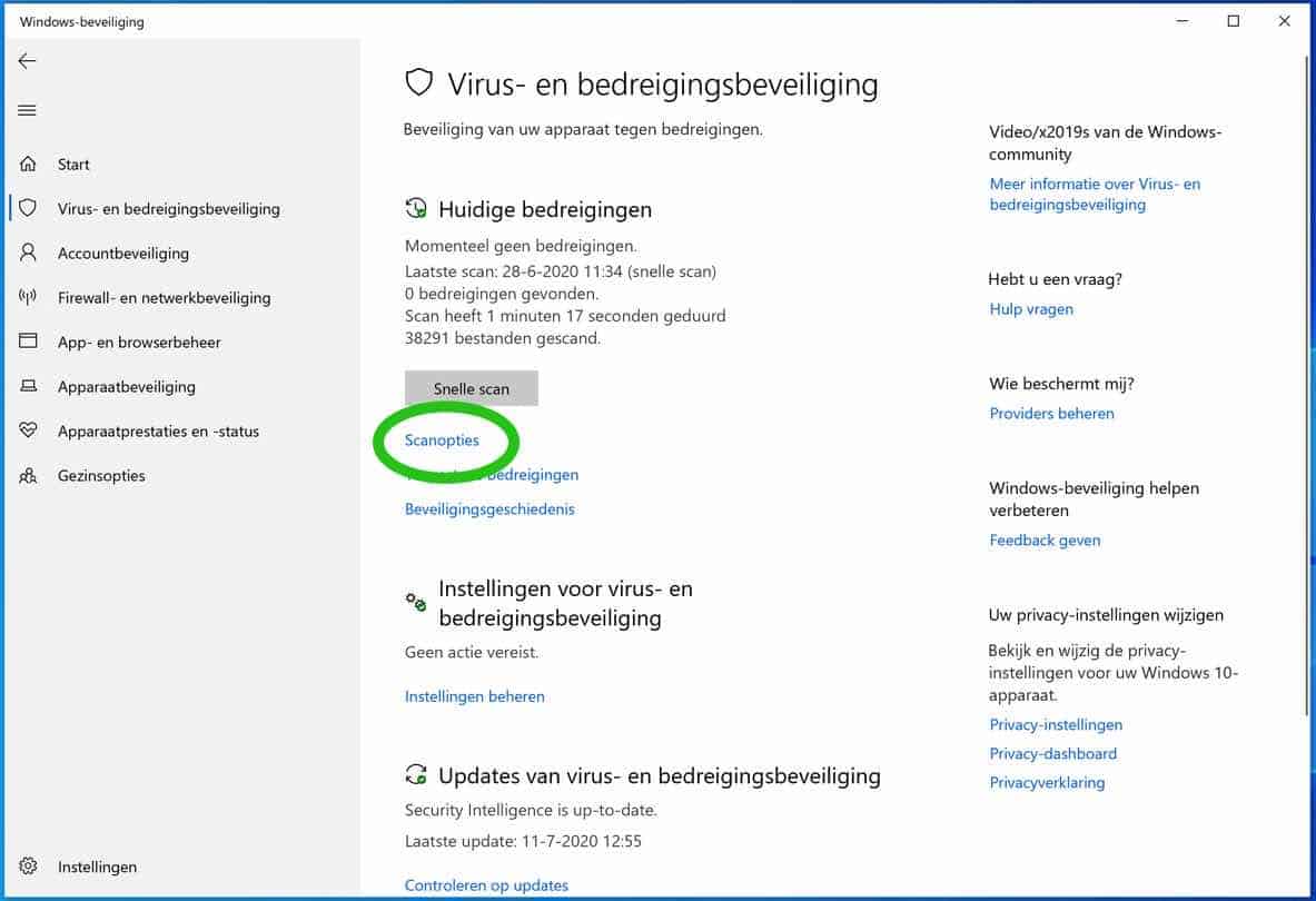 opções de verificação do Windows Defender