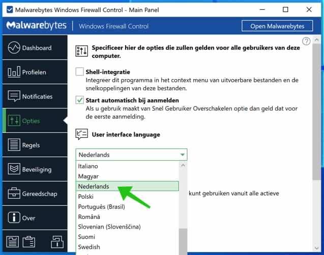 windows firewall control taal wijzigen