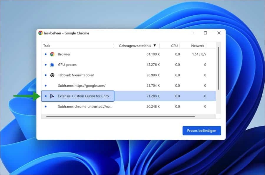 Extensie uitschakelen in taakbeheer voor Google Chrome