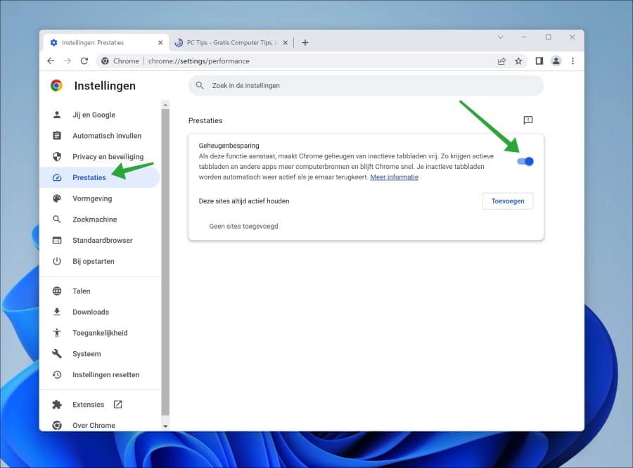 Geheugenbesparing inschakelen in de google chrome browser