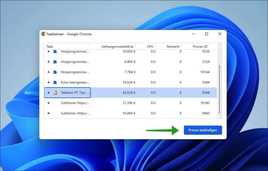 Proces beeindigen in de Google Chrome browser