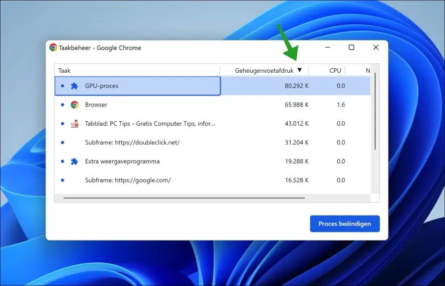 Taakbeheer in Google Chrome sorteren op geheugenvoetafdruk