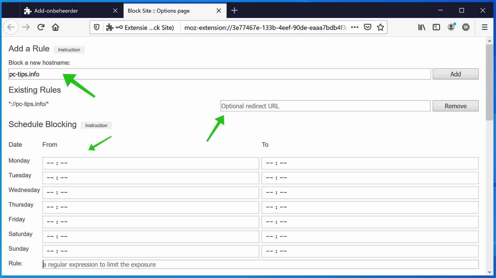 block site addon opties firefox