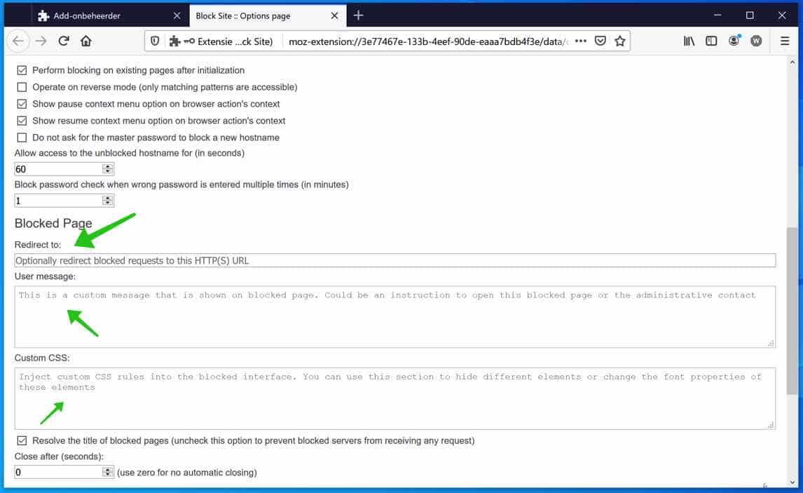 block site addon opties in firefox