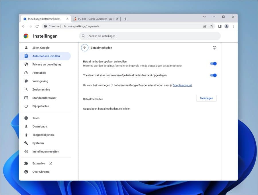 Betaalmethoden in Google Chrome