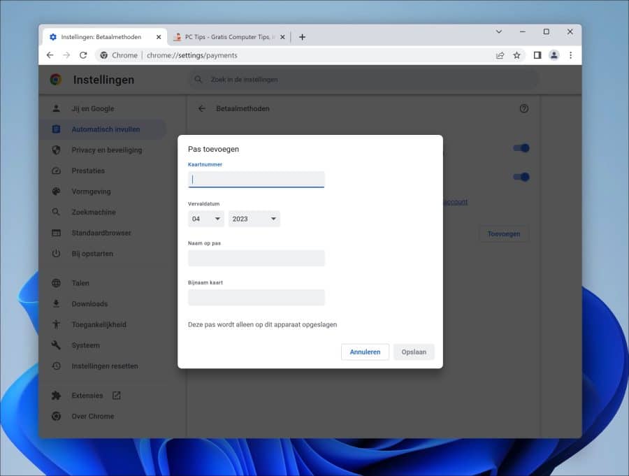 Betaalpas toevoegen aan Google Chrome betaalmethoden