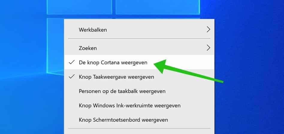 Cortana knop uitschakelen taakbalk