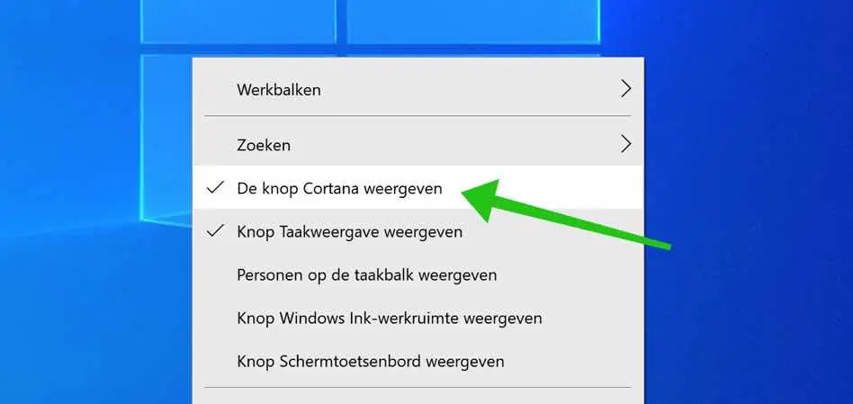 Cortana knop uitschakelen taakbalk