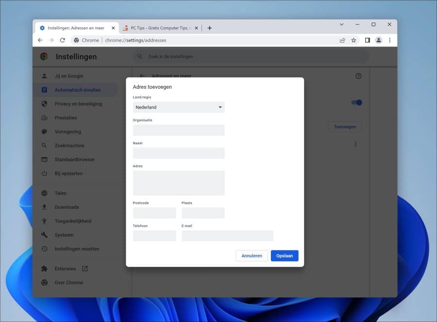 Handmatig adres toevoegen in de Google Chrome browser